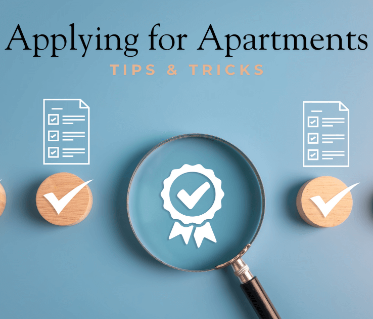 Infographic with checklist icons and magnifying glass illustrating tips and tricks for applying for apartments, rental applications, and approval process.