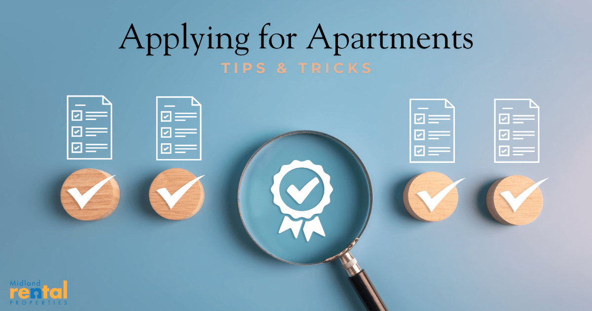 Infographic with checklist icons and magnifying glass illustrating tips and tricks for applying for apartments, rental applications, and approval process.