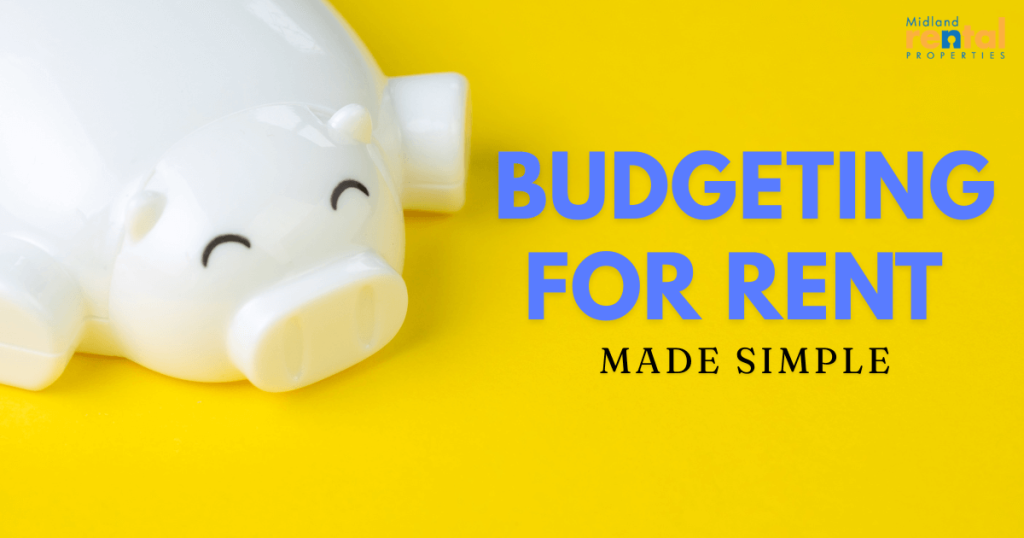 White piggy bank on a bright yellow background with text “Budgeting for Rent Made Simple,” representing rental budgeting tips for renters.