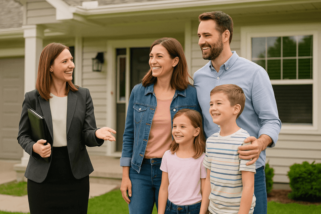 Smiling family with two children talking to a real estate agent outside a rental home.