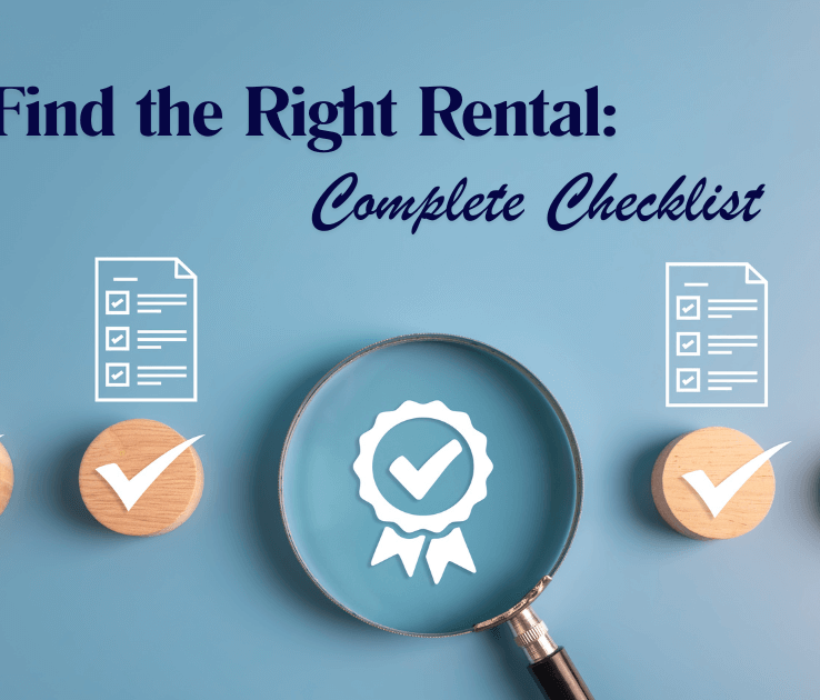 Magnifying glass highlighting a checkmark with documents and wooden check icons in the background, with text overlay “Find the Right Rental: Complete Checklist,” symbolizing a rental property checklist for choosing the right home.