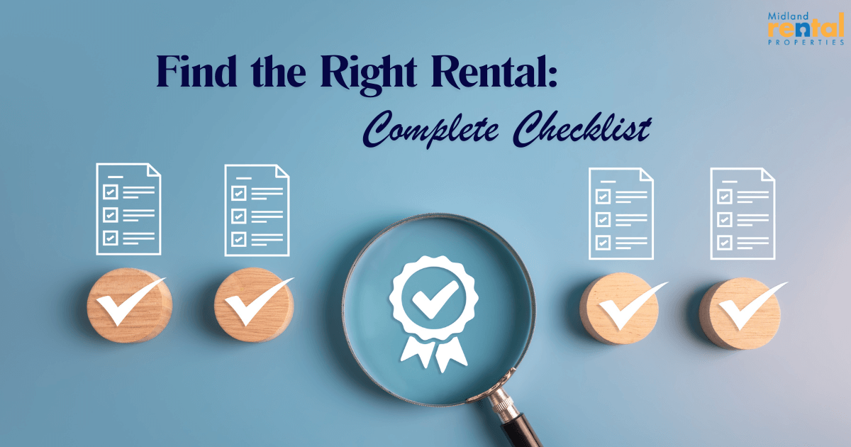 Magnifying glass highlighting a checkmark with documents and wooden check icons in the background, with text overlay “Find the Right Rental: Complete Checklist,” symbolizing a rental property checklist for choosing the right home.