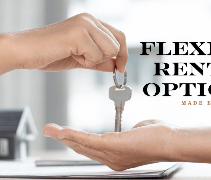 Close-up of a person handing over house keys with text overlay “Flexible Rental Options, Made Easy,” symbolizing the benefits of short-term rentals and temporary housing solutions.
