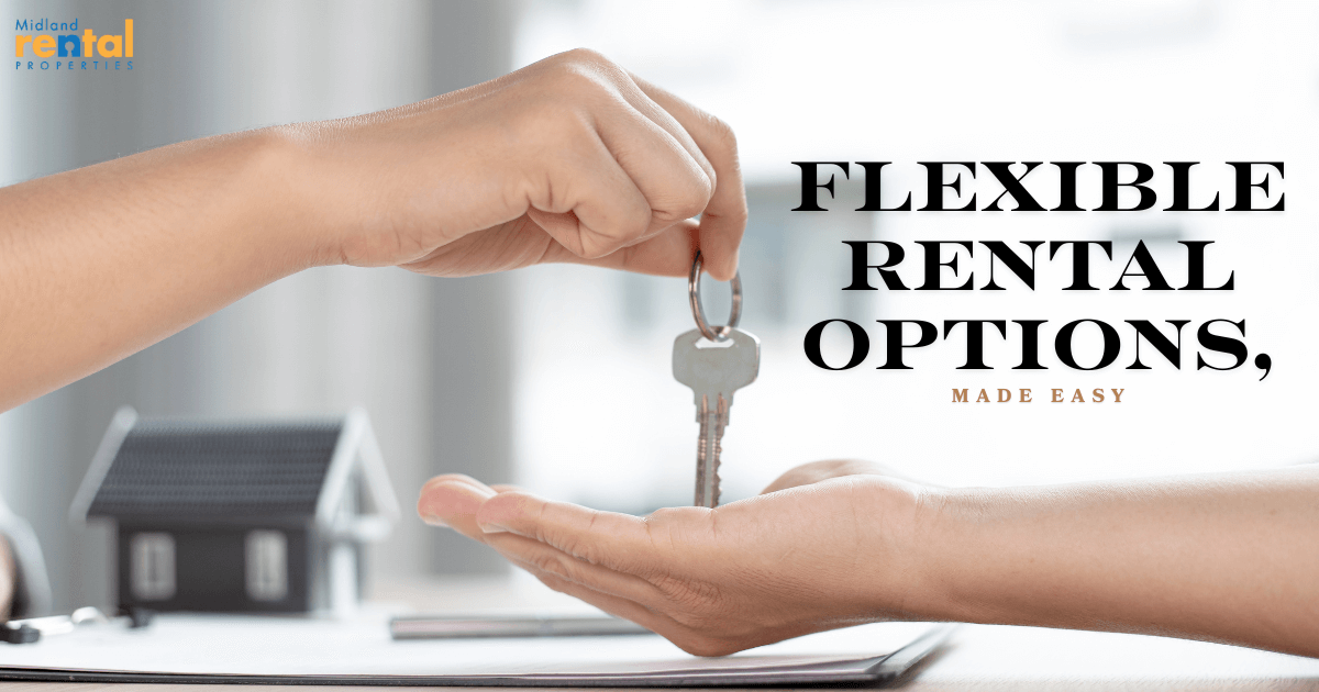 Close-up of a person handing over house keys with text overlay “Flexible Rental Options, Made Easy,” symbolizing the benefits of short-term rentals and temporary housing solutions.