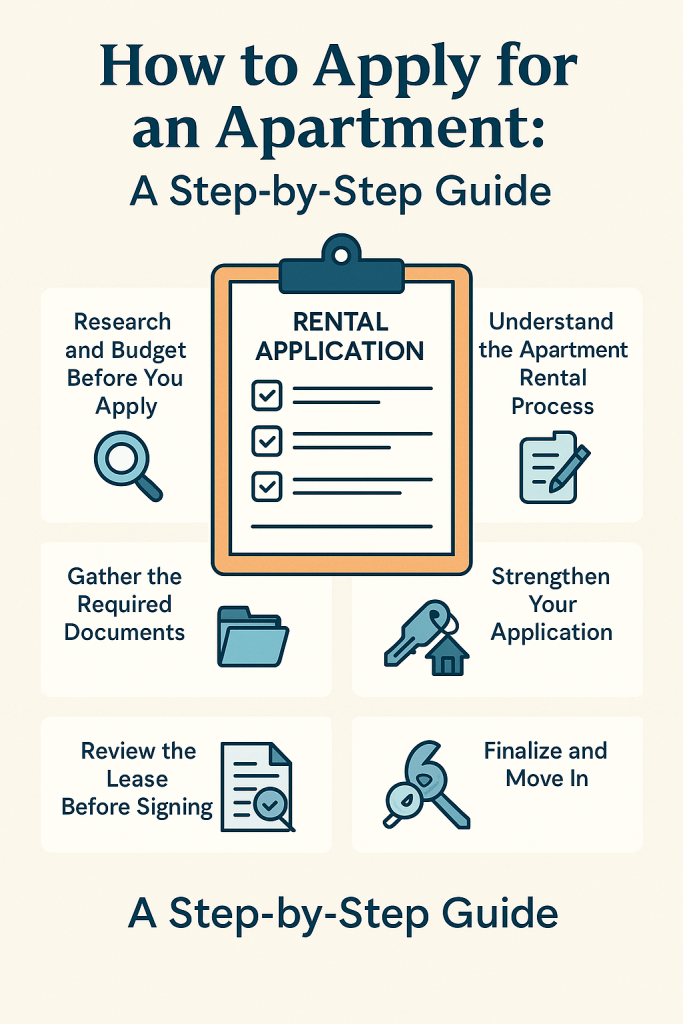 Infographic showing a step-by-step apartment application checklist with icons for budgeting, documents, application process, lease review, and move-in.