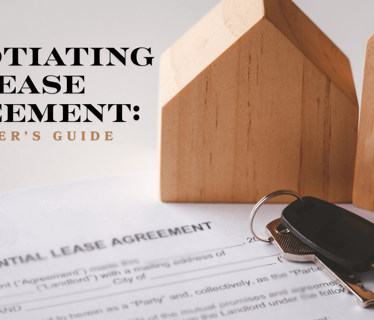 Lease agreement document with house keys and wooden house models, featuring text “Negotiating Lease Agreement: Renter’s Guide.”