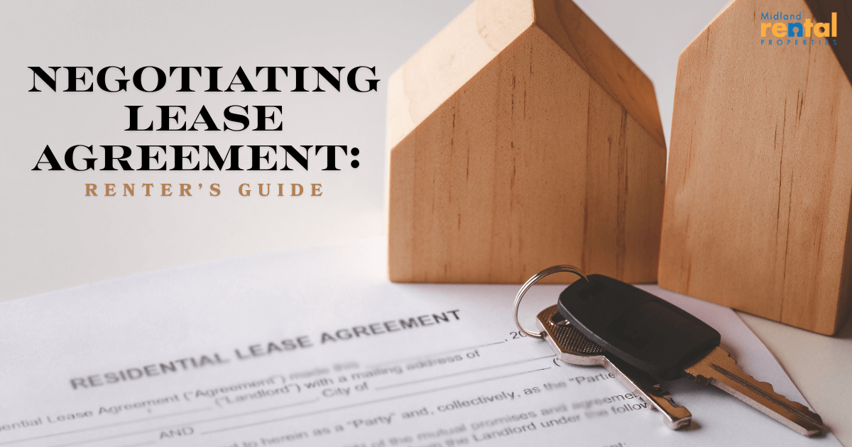 Lease agreement document with house keys and wooden house models, featuring text “Negotiating Lease Agreement: Renter’s Guide.”