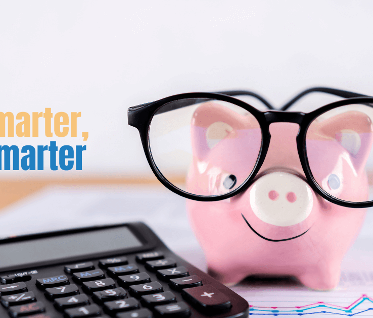 Pink piggy bank with glasses next to a calculator and financial charts, featuring the text “Plan Smarter, Rent Smarter” for a rental budgeting guide.