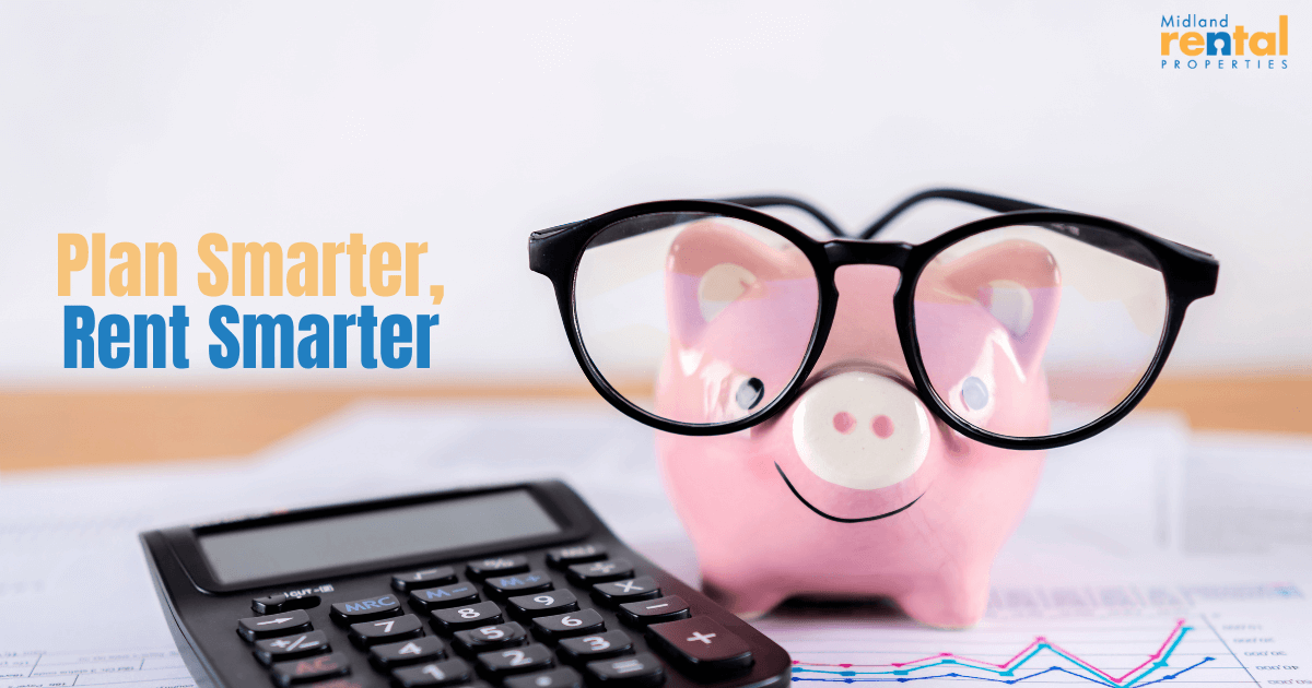 Pink piggy bank with glasses next to a calculator and financial charts, featuring the text “Plan Smarter, Rent Smarter” for a rental budgeting guide.