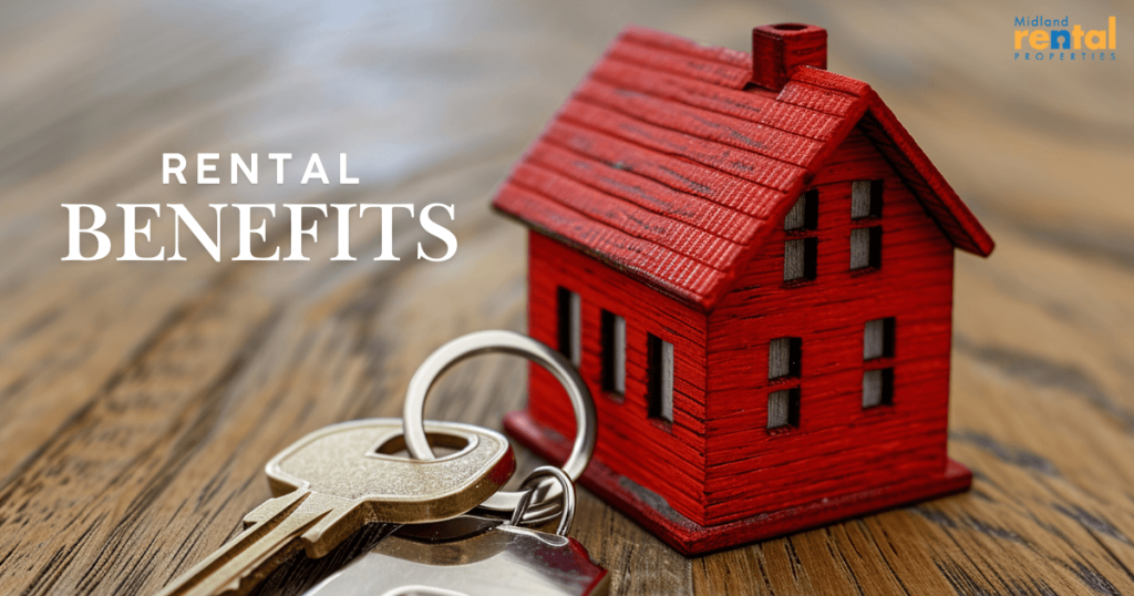 Close-up of house keys next to a small red wooden house model with text overlay “Rental Benefits,” representing the advantages of short-term rentals and flexible housing options.