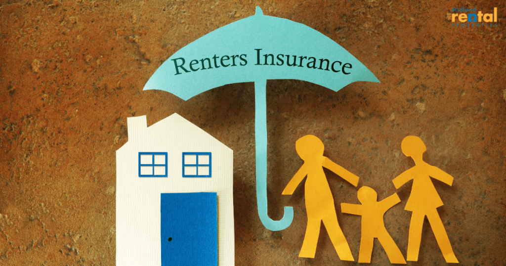 Paper cutout of house and family under an umbrella labeled Renters Insurance, symbolizing rental protection.