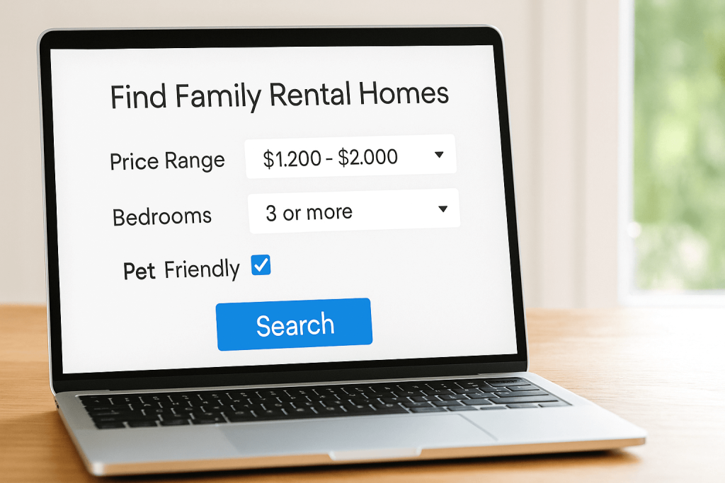 Searching for family rental homes using filters for price, bedrooms, and pet-friendly options