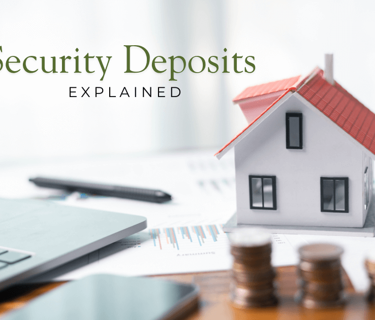 Mini house model with stacked coins and text Security Deposits Explained, representing rental deposit guidance for renters.