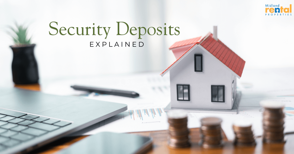 Mini house model with stacked coins and text Security Deposits Explained, representing rental deposit guidance for renters.