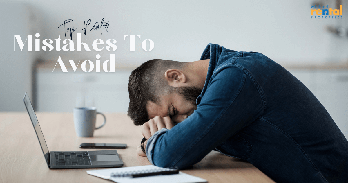Frustrated man sitting at a desk with his head down beside a laptop, with text overlay “Top Renter Mistakes to Avoid,” symbolizing renting mistakes and renter tips.