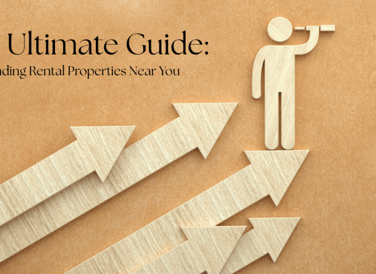 Illustration of a person with a telescope standing on arrows pointing upward with the text The Ultimate Guide: Finding Rental Properties Near You by Midland Rental Properties.