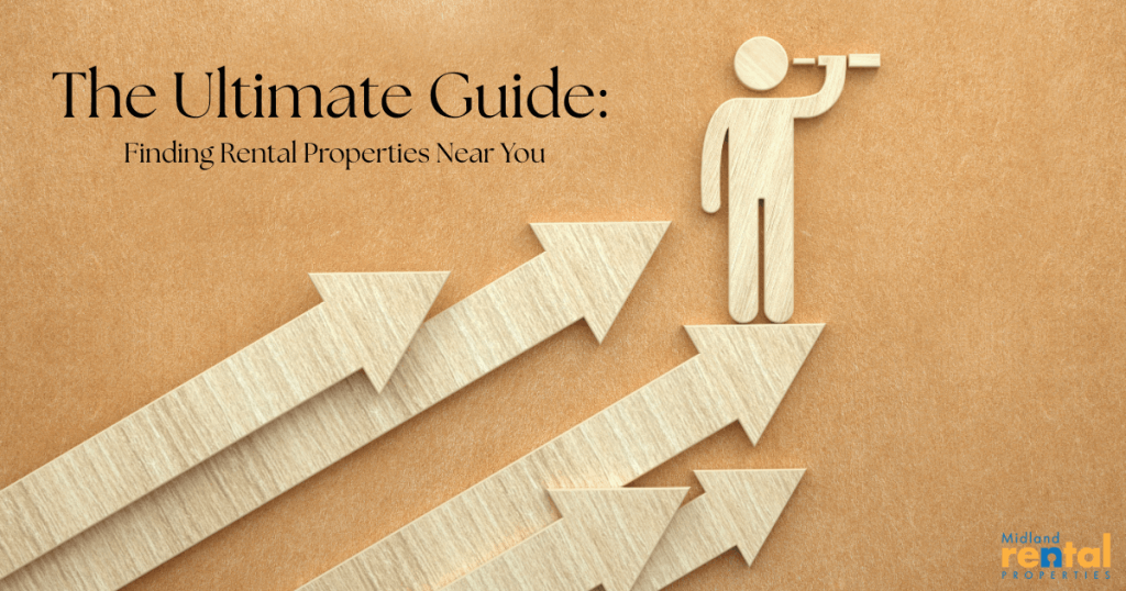 Illustration of a person with a telescope standing on arrows pointing upward with the text The Ultimate Guide: Finding Rental Properties Near You by Midland Rental Properties.