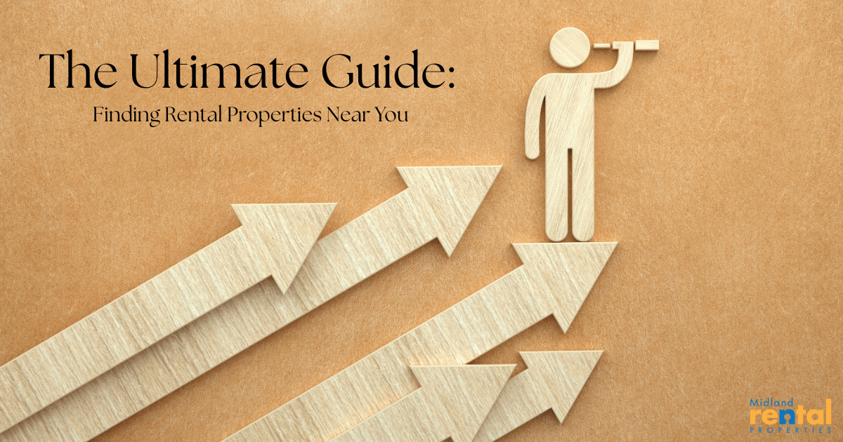 Feature image with arrows and a figure using a telescope, symbolizing The Ultimate Guide to Finding Rental Properties Near You for Midland Rental Properties blog