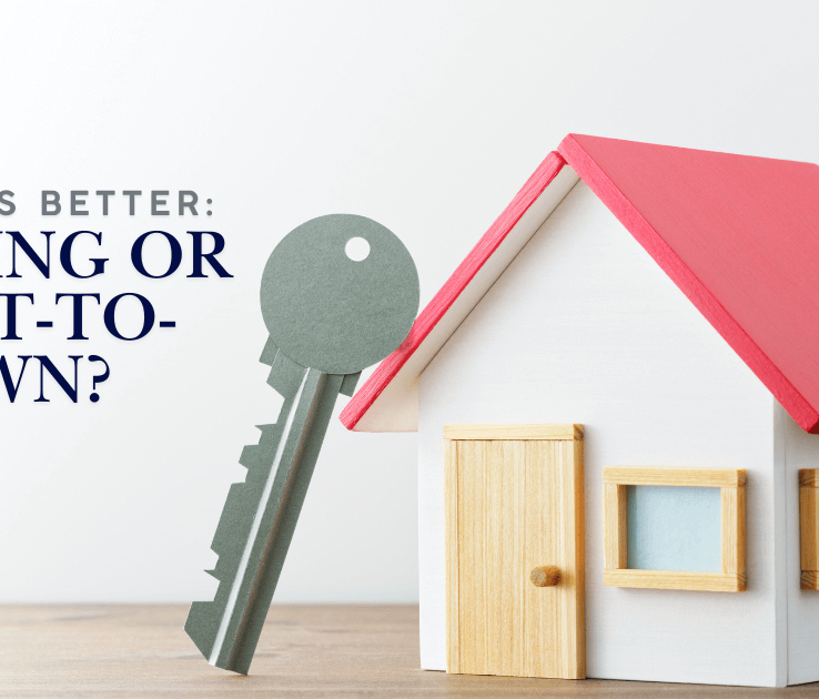 Miniature house with a red roof and a large key beside it, featuring text “Which is better: Renting or Rent-to-Own?” to illustrate renting options and decisions.