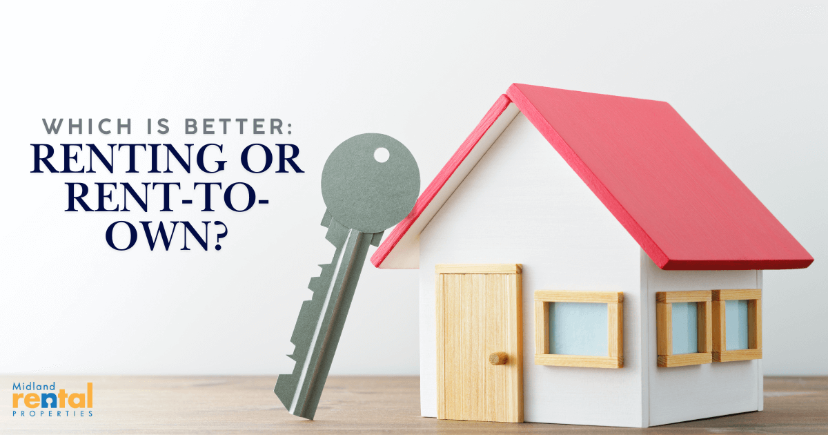 Miniature house with a red roof and a large key beside it, featuring text “Which is better: Renting or Rent-to-Own?” to illustrate renting options and decisions.