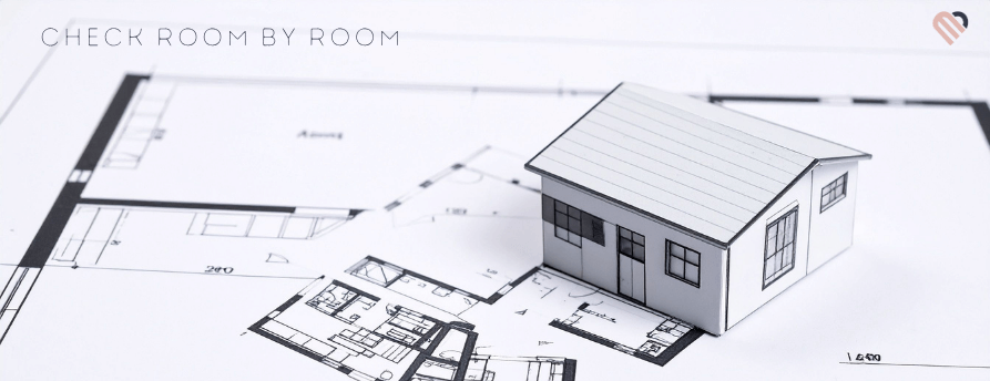 Model house on a floor plan with ‘Check Room by Room’ text, illustrating a Midland, MI move-in inspection checklist.