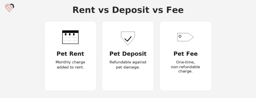 Graphic comparing pet rent, pet deposit, and pet fee for Midland rentals.