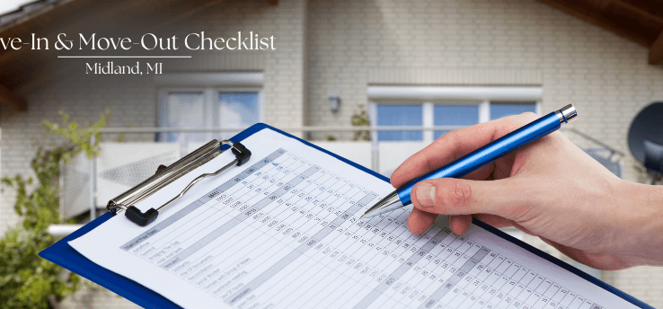 Hand filling a rental move-in and move-out inspection checklist in front of a Midland, MI home.