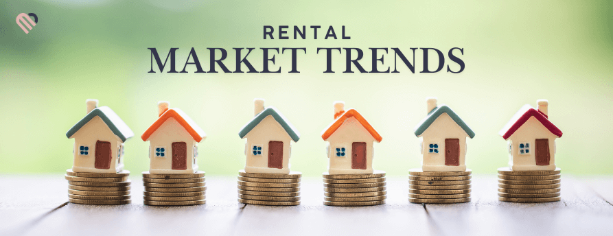 Row of small house figurines on stacks of coins, illustrating rental market trends — feature image for Midland, MI Rental Market Trends