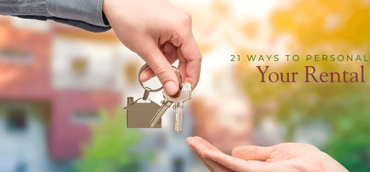 Hands exchanging house keys with text “21 ways to personalize your rental,” representing renter-friendly decorating tips for Midland, MI renters