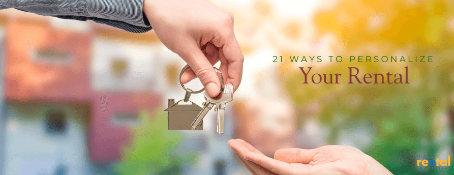 Hands exchanging house keys with text “21 ways to personalize your rental,” representing renter-friendly decorating tips for Midland, MI renters