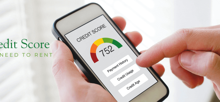 Person holding a smartphone showing a credit score gauge (752) with factors like payment history, credit usage, and credit age, alongside text “Credit Score You Need to Rent.”