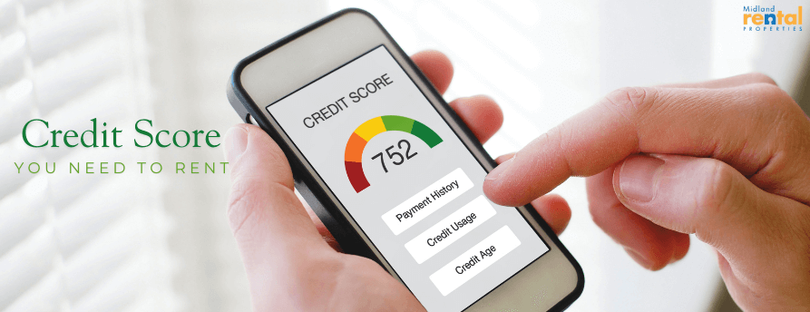 Person holding a smartphone showing a credit score gauge (752) with factors like payment history, credit usage, and credit age, alongside text “Credit Score You Need to Rent.”