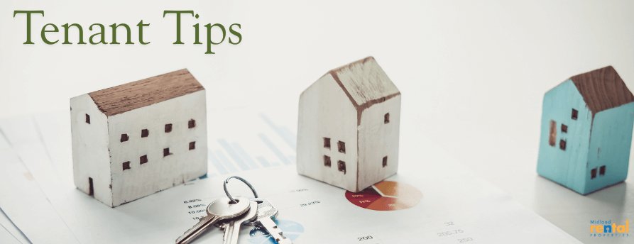 Tenant tips graphic showing house models and rental keys on financial charts for Midland Rentals.