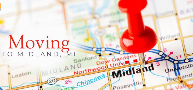 Moving to Midland, MI graphic with a map background and red location pin (Midland Rental Properties)