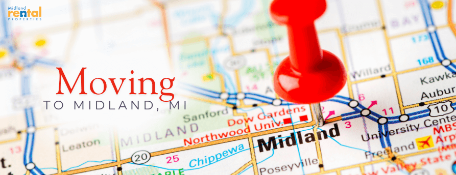 Moving to Midland, MI graphic with a map background and red location pin (Midland Rental Properties)