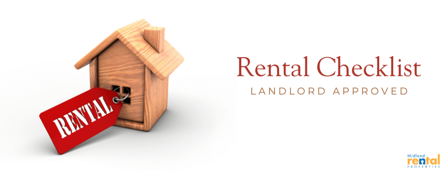Wooden house with a red “Rental” tag next to the text “Rental Checklist — Landlord Approved” (RentMid/Midland Rental logo).