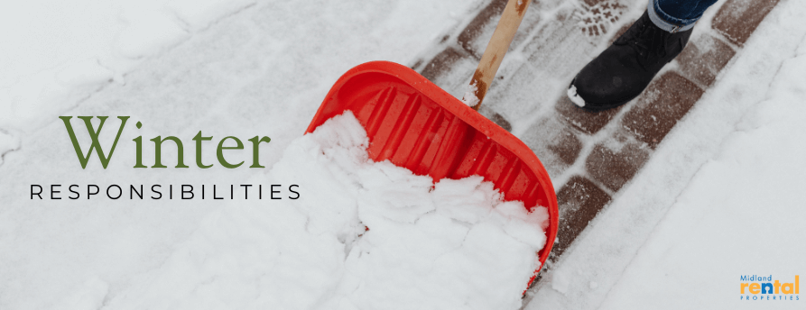 Person shoveling snow off a brick walkway with a red shovel, illustrating winter responsibilities for Midland MI rental tenants.